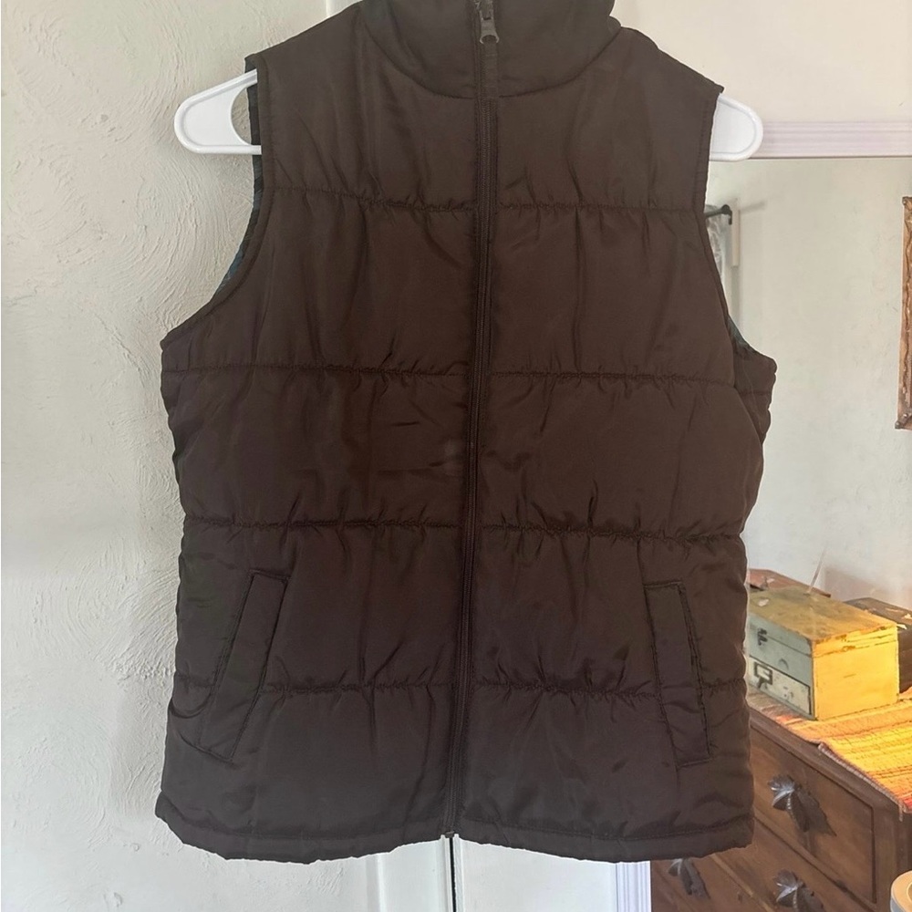 Brown/Plaid Reversible Puffer Vest